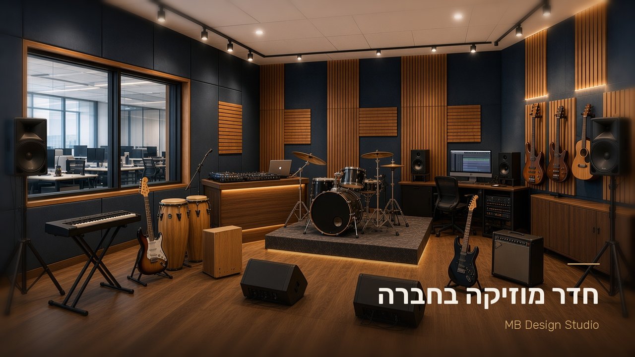 חדר מוזיקה בחברה עם חלון אולפן בזיגוג כפול אל חלל העבודה, מערכת תופים על במה מבודדת ליד הקיר, מוניטורים ורמקולים, גיטרה, בס, קלידים, קונגס, כלי הקשה ועמדת DJ מוכנים לנגינה