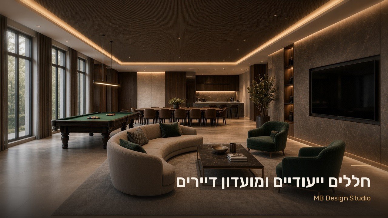 מועדון דיירים עם ספה וכורסאות מול מסך על הקיר, שולחן ביליארד ליד החלונות, ושולחן אירוח ארוך עם מטבחון ברקע