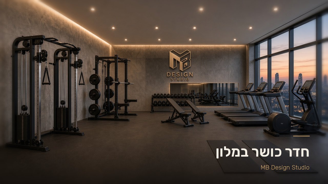 חדר כושר מואר במלון עם קירות אבן אפורים ולוגו MB Design Studio על הקיר, מתקן כבלים (קרוס אובר) עם מרחב עבודה, חצי מתקן (Half Rack), משקולות יד וספסלים מול מראה, ושורת הליכונים ואליפטיקל מול חלון עם נוף עירוני בשקיעה