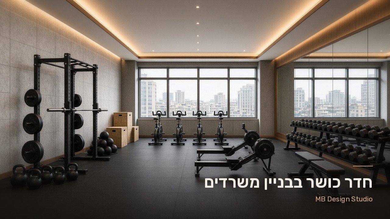 חדר כושר בבניין משרדים עם אופני ספינינג מול חלונות, מכונות חתירה, משקולות יד מול מראה, ואזור פונקציונלי עם חצי מתקן (Half Rack), קטלבלים וקופסאות קפיצה